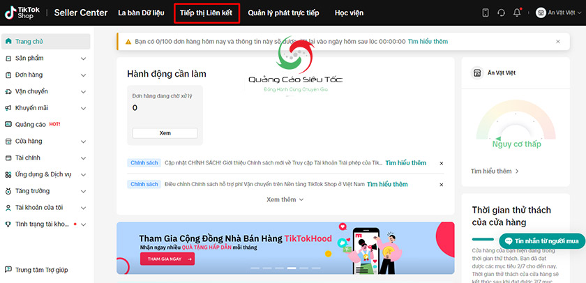 Vào TikTok Seller Center chọn Tiếp thị liên kết