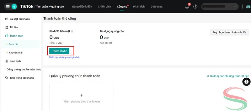 Thêm số dư cho tài khoản TikTok Ads Manager