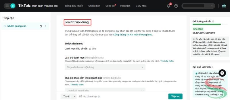 Cài đặt loại nội dung muốn loại trừ