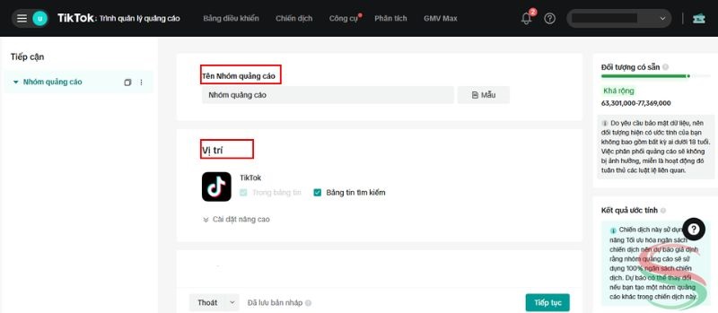 Chọn tên và vị trí quảng cáo