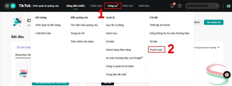 Truy cập danh mục thanh toán trên TikTok Ads Manager