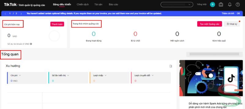 Dashboard trình quản lý quảng cáo TikTok