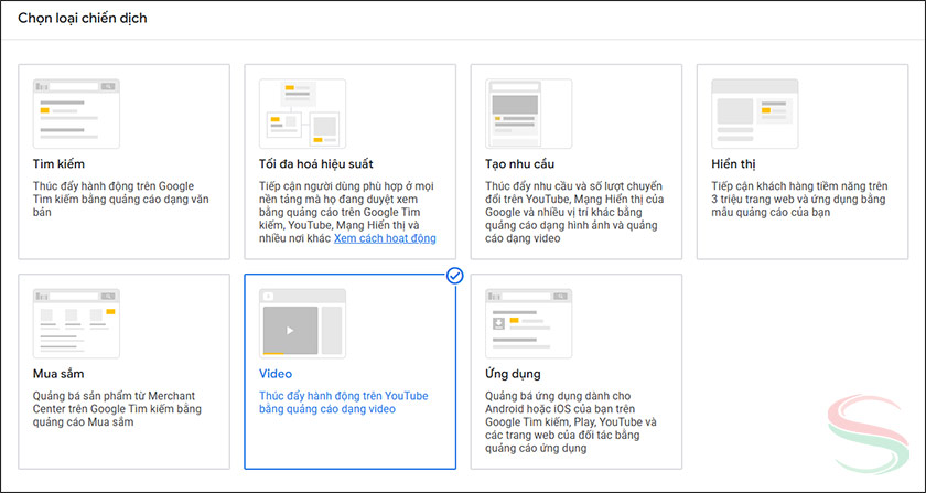 Chọn loại chiến dịch là quảng cáo video Chọn loại chiến dịch là quảng cáo video