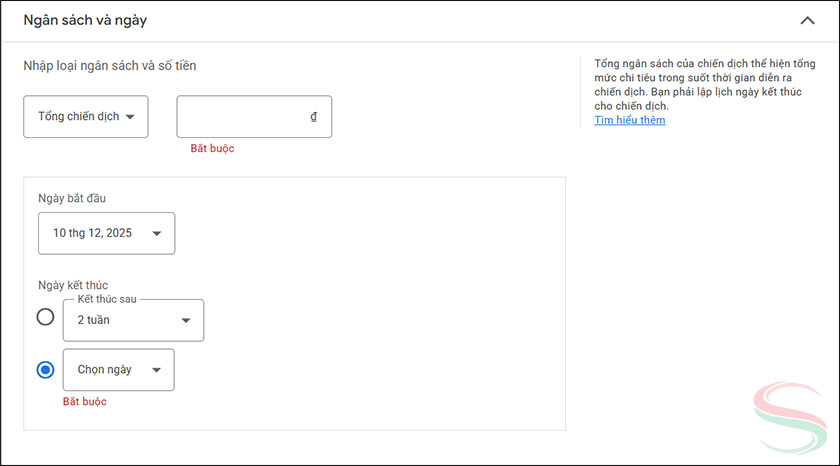 Thiết lập ngân sách và thời gian chạy Thiết lập ngân sách và thời gian chạy