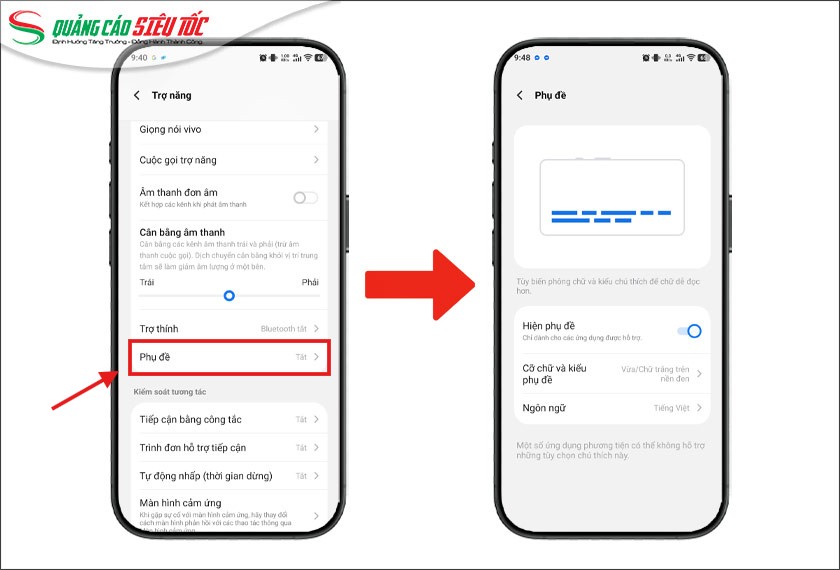 Bật phụ đề thông qua cài đặt Trợ năng của điện thoại