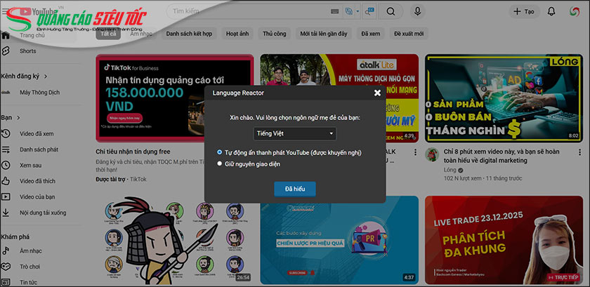 Truy cập Youtube và bạn hãy chọn ngôn ngữ Tiếng Việt