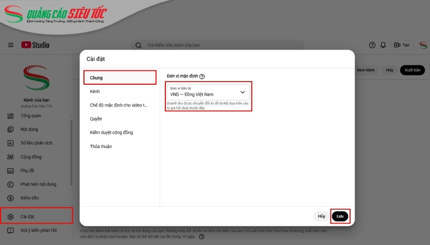 Cài đặt đơn vị tiền tệ cho kênh Youtube