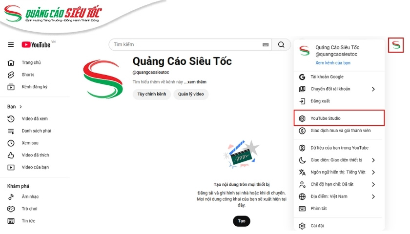 Đến trung tâm quản lý kênh Youtube