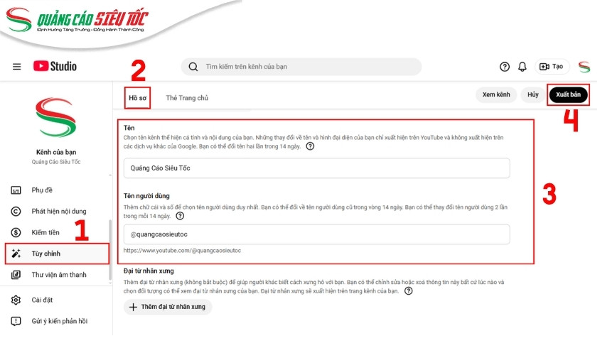 Thay đổi tên kênh & tên người dùng
