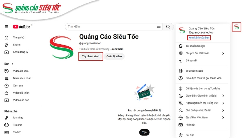 Tiến hành cài đặt kênh Youtube