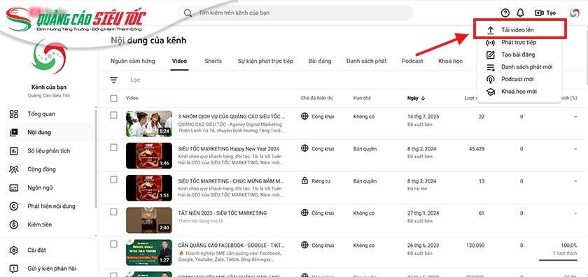 Chọn vào tải video lên