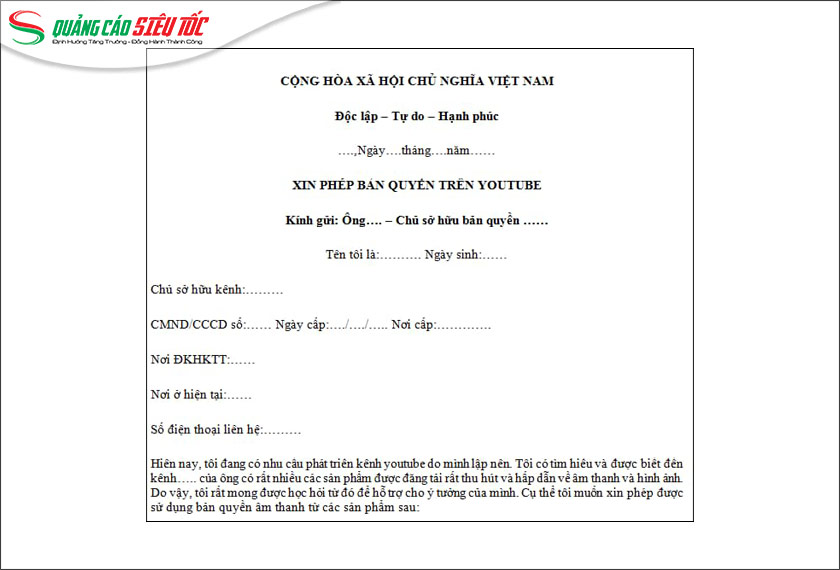 Mẫu đơn xin sử dụng bản quyền (Nguồn: Thư viện pháp luật)