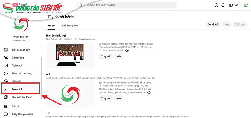 Vào tab Tuỳ chỉnh và chọn Hồ sơ