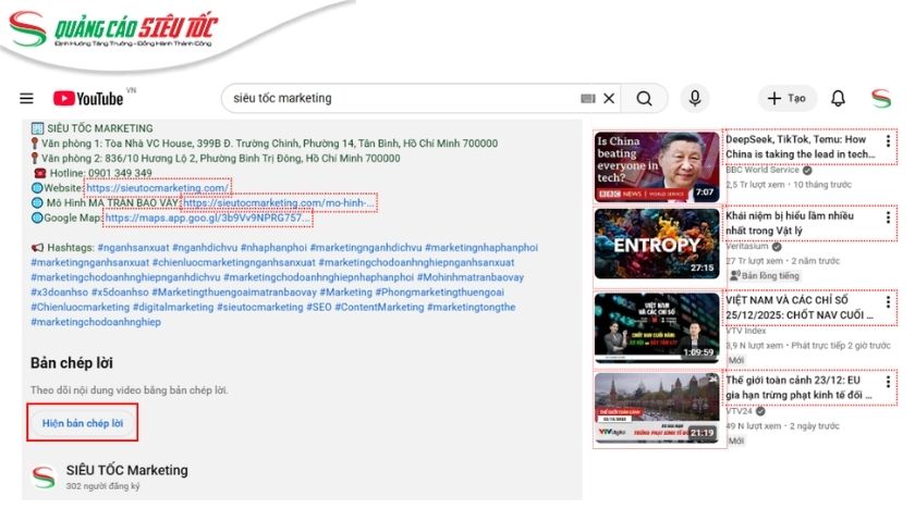 Mở bản chép lời video Youtube