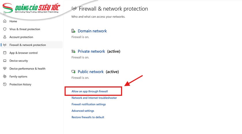 Chọn vào Allow an app through firewall