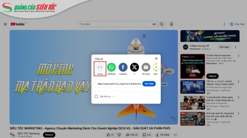 Chọn nhúng video Youtube vào website