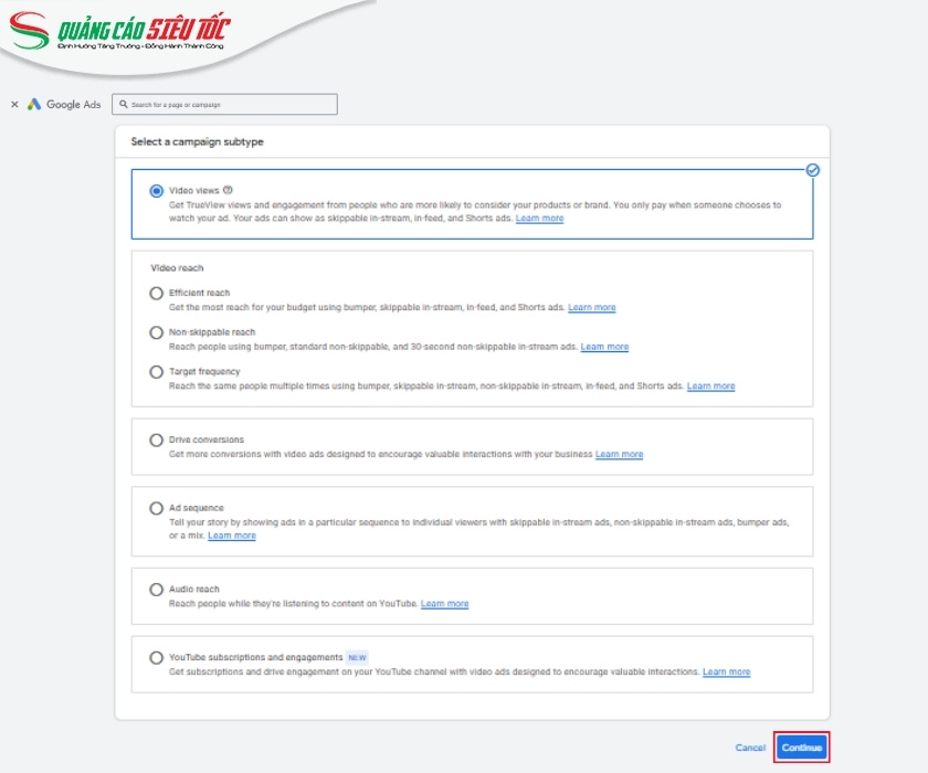 Cấu hình chuyên mục chiến dịch chạy Youtube Ads