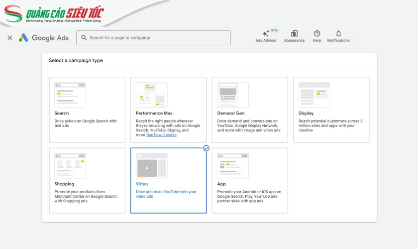 Chọn kiểu quảng cáo Video Campaign