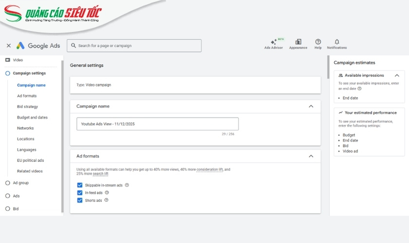 Chọn loại hình quảng cáo Youtube