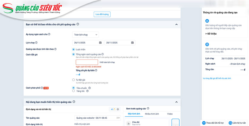 Setup ngân sách cho mẫu quảng cáo