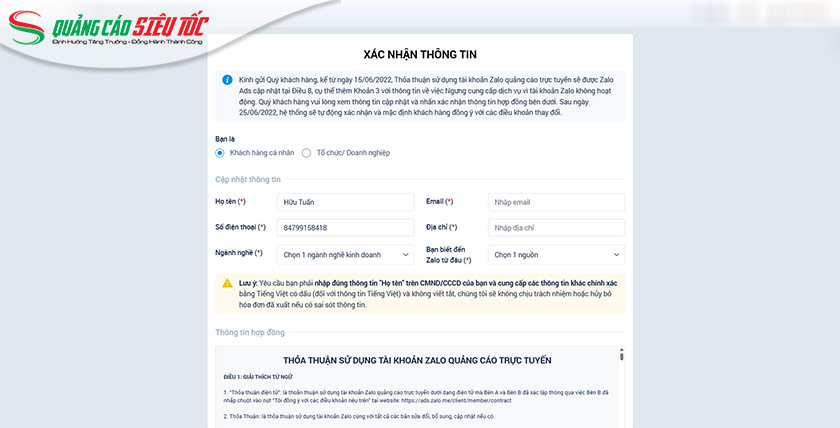 Hoàn thành các thông tin trong hợp đồng quảng cáo 