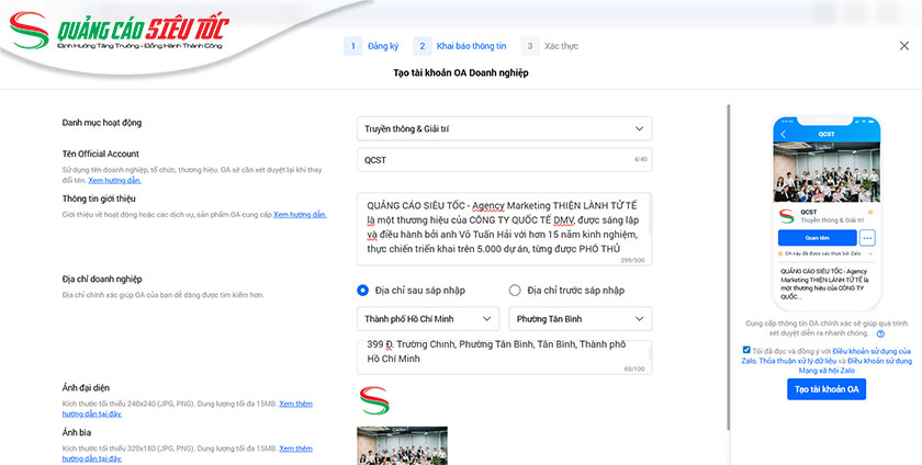 Hướng dẫn tạo Zalo OA bước 4 Hướng dẫn tạo Zalo OA bước 4