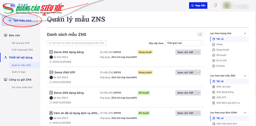 Cài đặt gửi Zalo ZNS bước 6 Cài đặt gửi Zalo ZNS bước 6