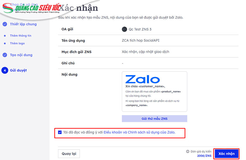 Cài đặt gửi Zalo ZNS bước 7 Cài đặt gửi Zalo ZNS bước 7