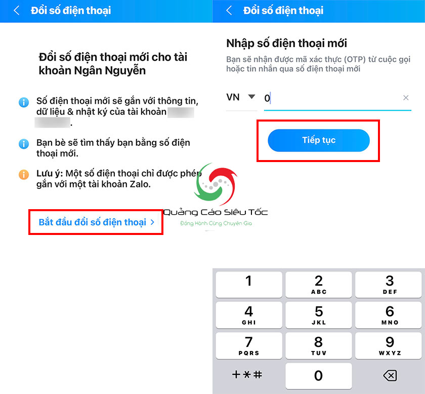 Chọn bắt đầu đổi số điện thoại trên Zalo