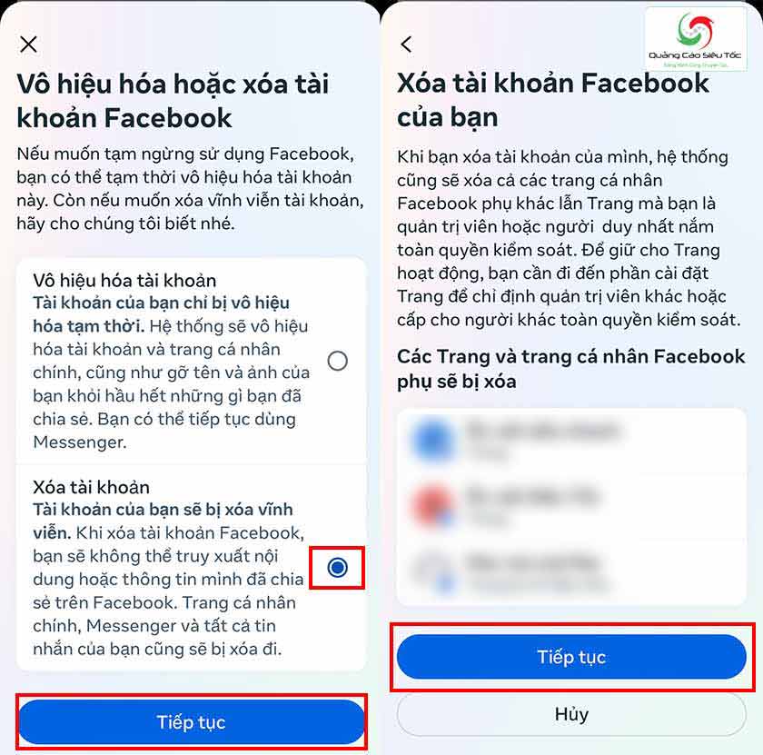 Đọc lưu ý từ Facebook và chọn xóa tài khoản