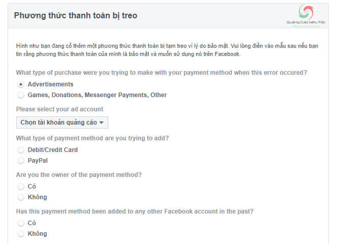 Khiếu nại phương thức thanh toán bị treo của Facebook Khiếu nại phương thức thanh toán bị treo của Facebook