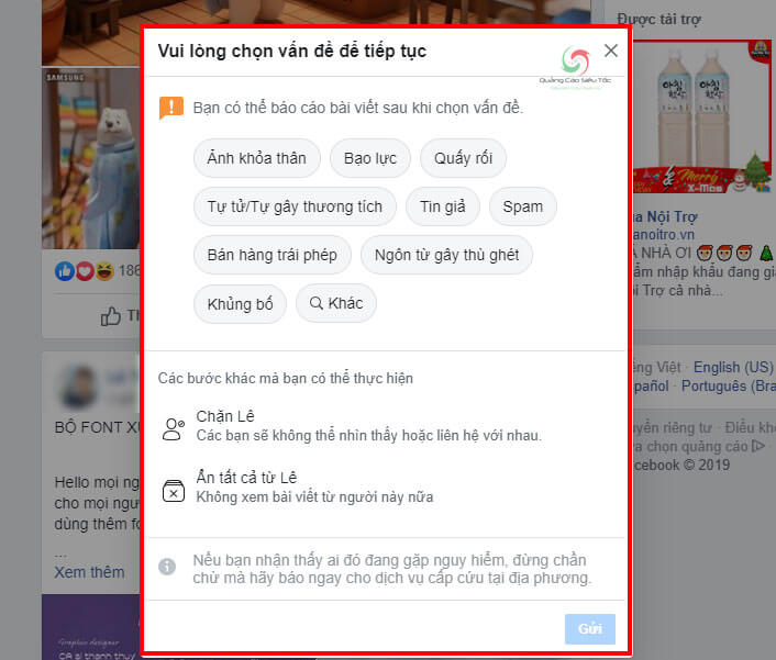 Chọn lý do report page trên Facebook