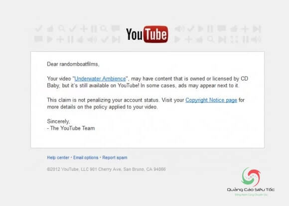 Mail thông báo vi phạm bản quyền nội dung Youtube