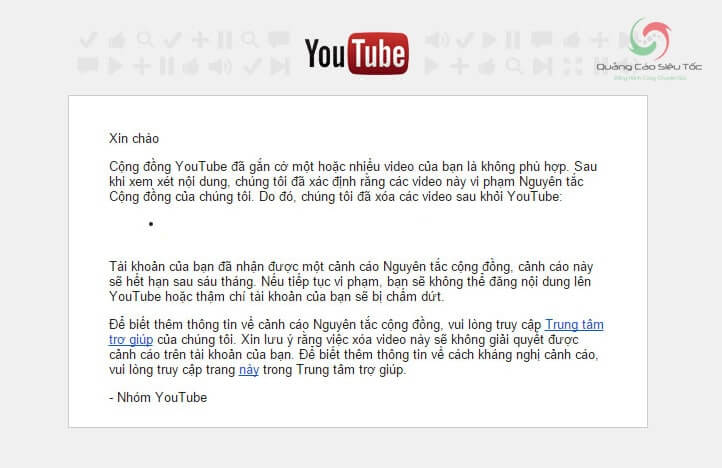 Mail thông báo vi phạm nguyên tắc cộng đồng Youtube