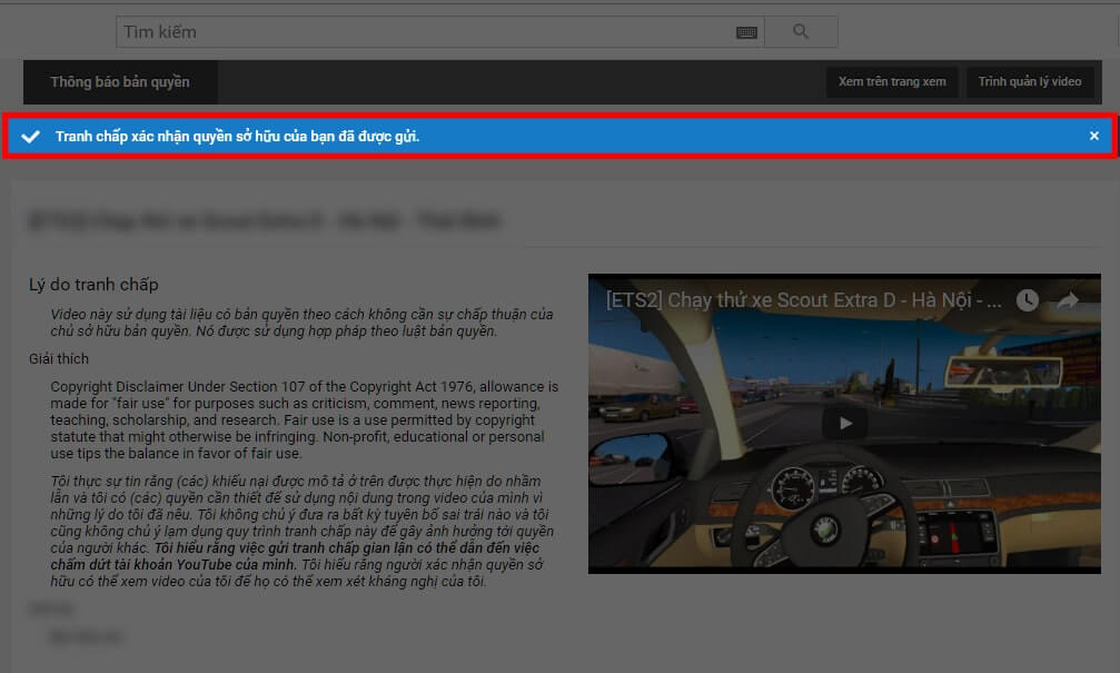 Thông báo xác nhận đã gửi kháng cáo đến Youtube