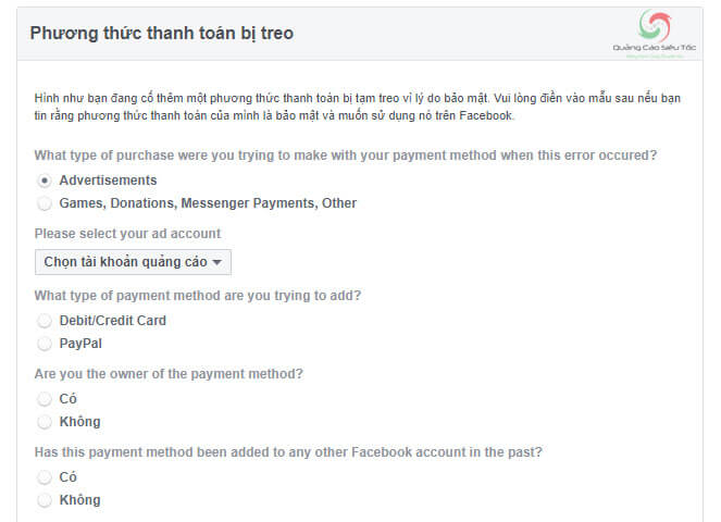 Khiếu nại phương thức thanh toán bị treo của Facebook