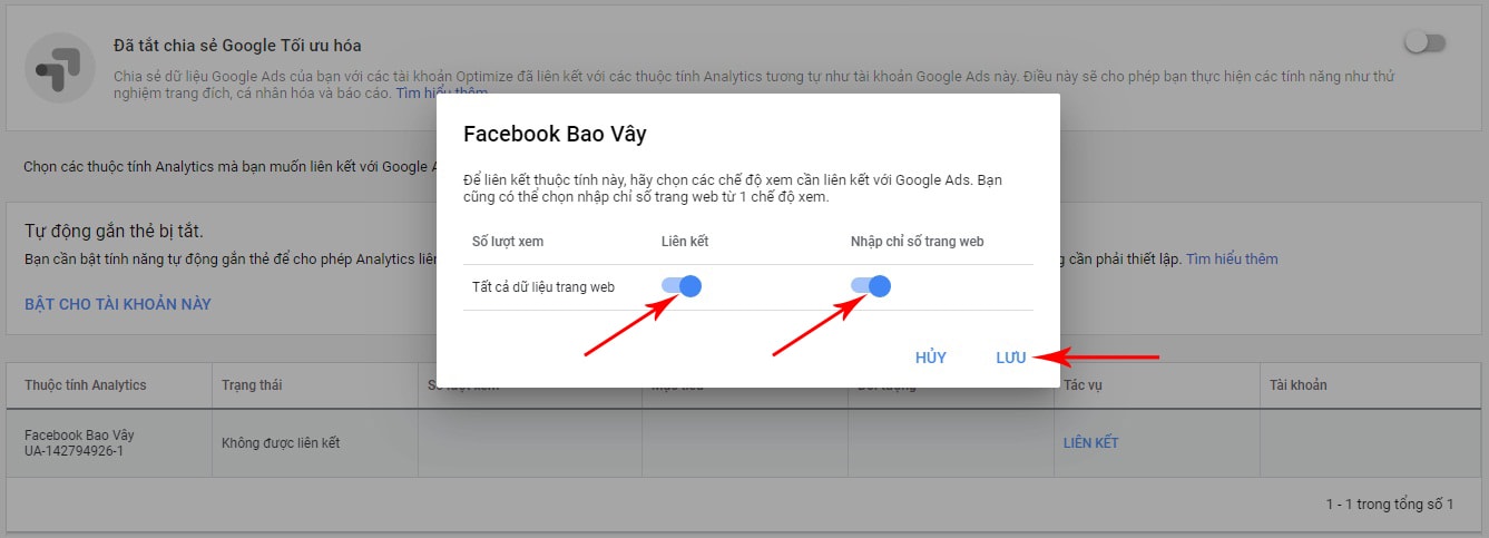 liên kết tk adword và analytics