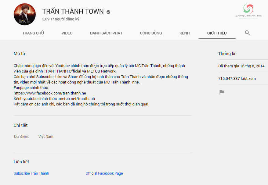 Mẫu mô tả kênh của Trấn Thành Town