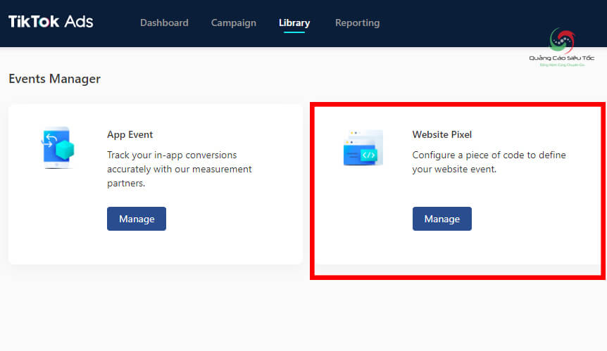 Chọn cài đặt Website Pixel