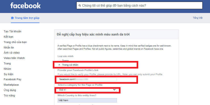 Nhập URL tài khoản Facebook cá nhân cần xin tích xanh 