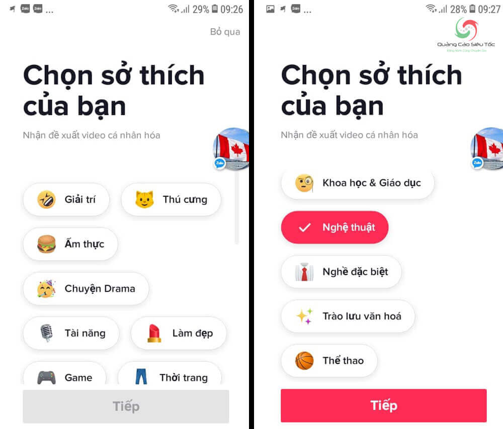 Chọn sở thích để tiktok đề xuất video 