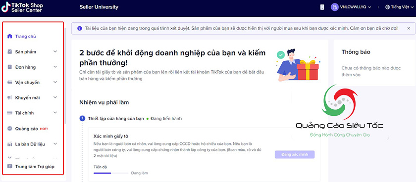  Giao diện TikTok Seller Center cho người bán