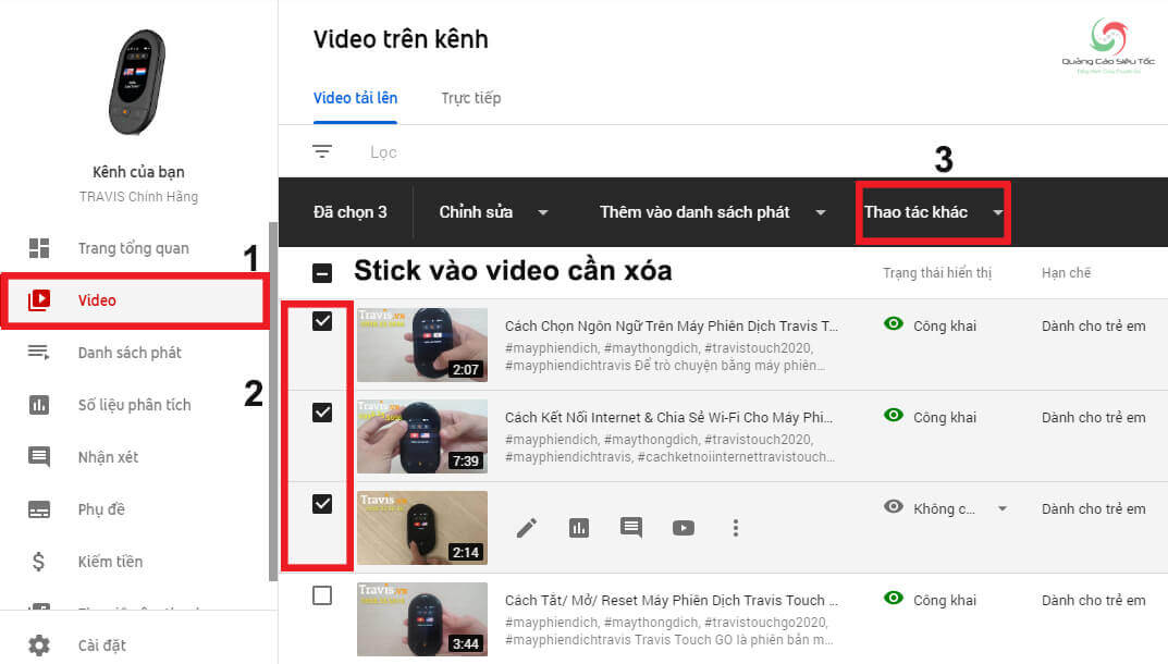 Stick chọn cùng lúc nhiều video đã tải lên Youtube 