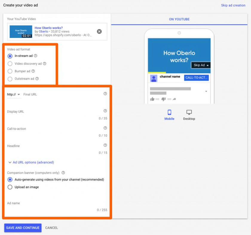Cấu hình cho quảng cáo video Youtube