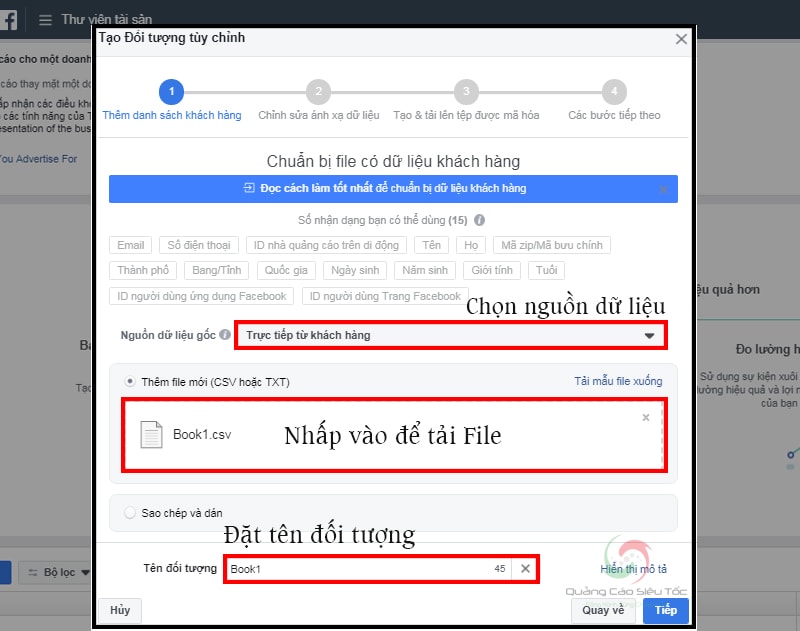 Các bước tải file data khách hàng lên custom audience