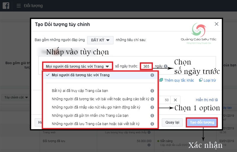 Các bước tạo tệp remarketing facebook đối tượng từng tương tác fanpage