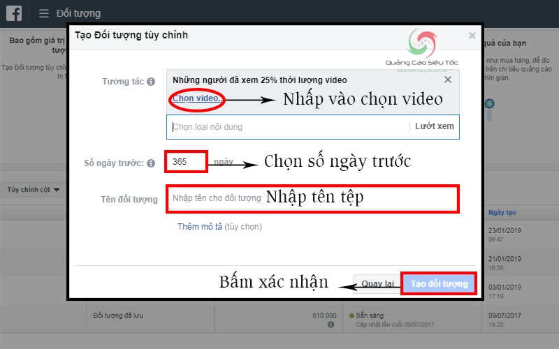 Các bước remarketing facebook đối tượng đã xem video