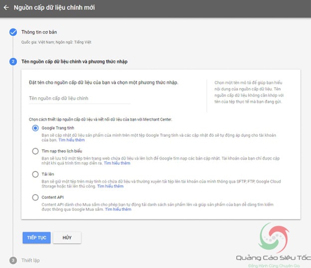Chọn cách thiết lập nguồn cấp dữ liệu trong tài khoản Google Merchant Center
