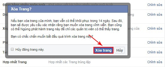 cách xóa trang fanpage