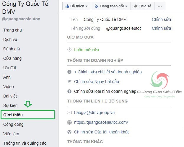 Cài đặt thông tin liên hệ cho fanpage